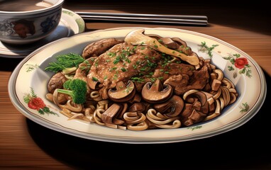 A delicious plate of noodles topped with savory chicken and mushrooms, garnished with herbs, perfect for food lovers.