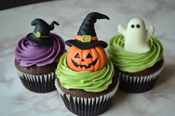 colorful halloween cupcakes topped with witch hats and ghost on a marble background