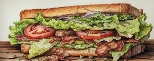 A delicious sandwich filled with fresh lettuce, tomatoes, and crispy bacon, ideal for food lovers and culinary presentations.