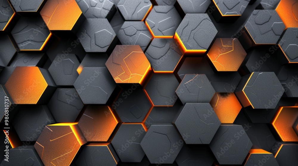 Poster dynamic hexagonal pattern with orange highlights against a dark textured background