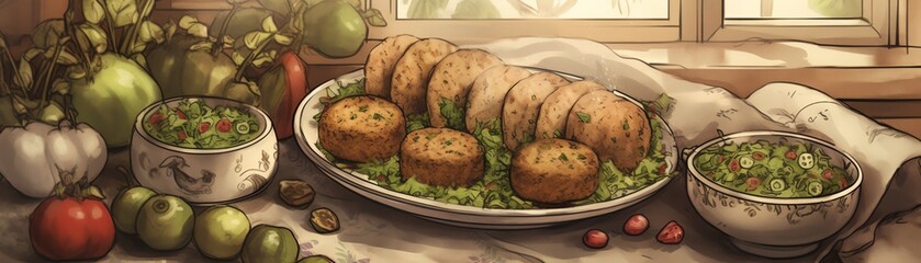 A vibrant spread of freshly made dishes featuring green herbs and vegetables arranged artfully on a rustic table near a window.