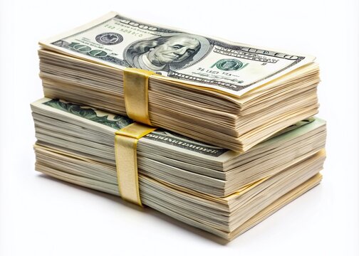 A towering stack of crisp, freshly minted hundred-dollar bills, bound with a rubber band, sits atop a smaller