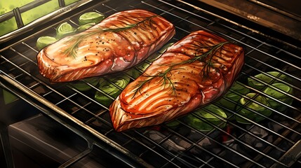 Delicious grilled salmon fillets with herbs, perfect for summer barbecues and healthy meals. Enjoy the rich flavors of fresh seafood.