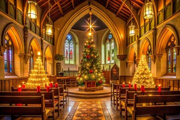 Obraz premium A tranquil church interior adorned with festive decorations, candles, and a majestic Christmas tree, filled with warm