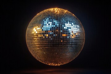 dazzling disco ball suspended in air reflecting scattered light metallic silver surface cut into facets creating dynamic patterns against dark background