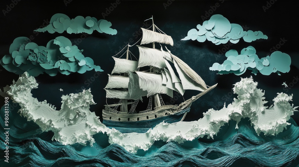 Fototapete a beautiful layered paper art piece showing a pirate ship on a grand adventure, navigating waves and