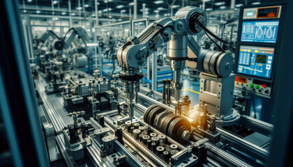 Naklejka premium industrial machines operating in a modern factory