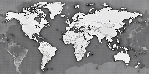 Obraz premium A vast, unmarked world map filling the frame, featuring countries and continents in muted grayscale, awaiting
