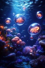 Fototapeta premium A vibrant underwater scene teeming with floating orbs of light