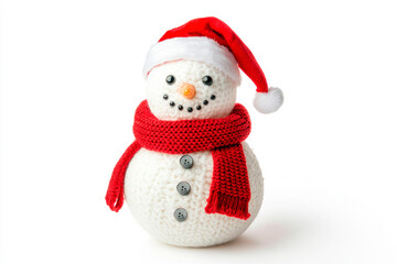 Fototapeta premium snowman with red scarf and Santa hat on isolated white background. Copy space