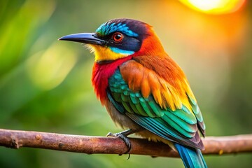 Obraz premium A vibrant, brightly plumed bird with distinctive crest and bold, black stripe above beak, perches on branch, its