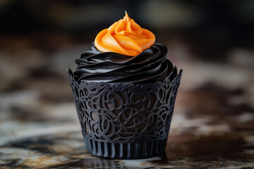 assortment of halloween black cupcakes with orange frosting designs