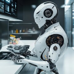 Fototapeta premium A white humanoid robot cooks food in a futuristic kitchen.