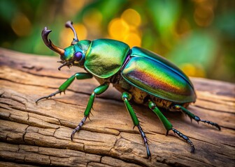 Naklejka premium A vibrant, iridescent green stag beetle perches on a weathered wooden log, its intricate, armored body glimmering in