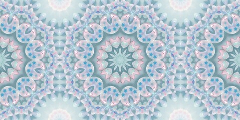 Abstract Kaleidoscope Geometry Psychedelic Art Pastel Pink Blue White Pattern Background