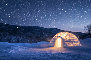 beautiful ice igloo with snowy background and snow covered trees generated by AI
