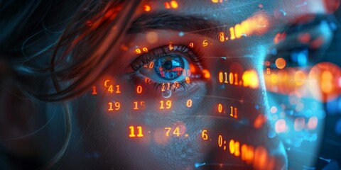 Close-up of a human eye with glowing digital codes overlay, symbolizing technology, data analysis, futuristic concepts