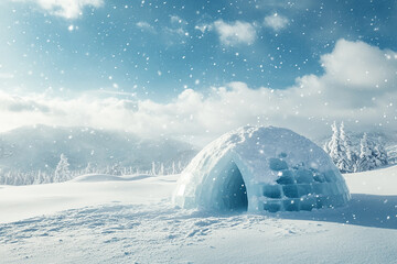 beautiful ice igloo with snowy background and snow covered trees generated by AI