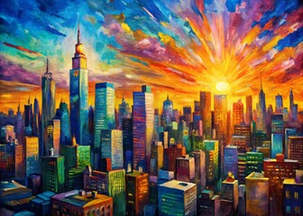 Obraz premium Vibrant abstract acrylic painting depicts a kaleidoscope of colors bursting forth, evoking the urban energy and dynamic architecture of a bustling cityscape at dusk.