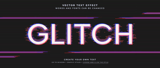 Glitch overlay text effect on black monitor background, old television vector graphic style