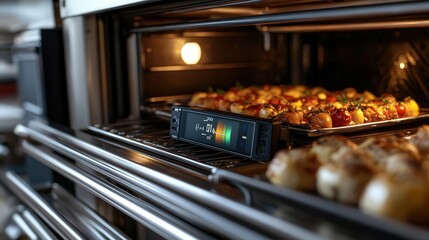 Close-up of a digital thermometer in a commercial oven, monitoring the temperature of food.