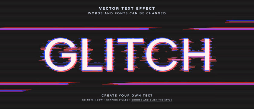 Glitch overlay text effect on black monitor background, old television vector graphic style