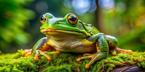 Fototapeta premium A vibrant green frog with bright yellow eyes and sticky pads on its feet perches on a moss-covered