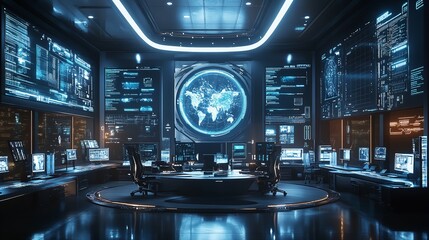 High-tech computer lab, filled with powerful servers, advanced workstations, and holographic data interfaces, the room is bathed in soft blue light, reflecting the high technology