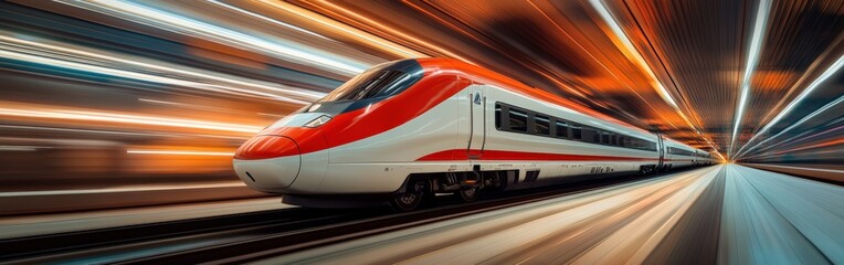 Fototapeta premium High-speed electric train moving through urban landscape