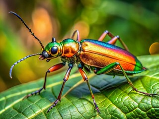 A vibrant orange tiger beetle perches on a leaf, its shiny exoskeleton and iridescent wings glimmering in the