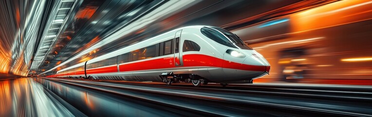 High-speed electric train moving through urban landscape