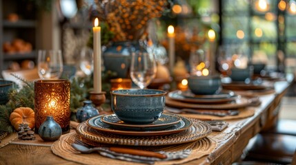 Thanksgiving and Harvest Festival. Thanksgiving-themed table setting, with rustic plates, fall-colored napkins, and candles, reflecting the essence of the holiday's warm and inviting spirit.