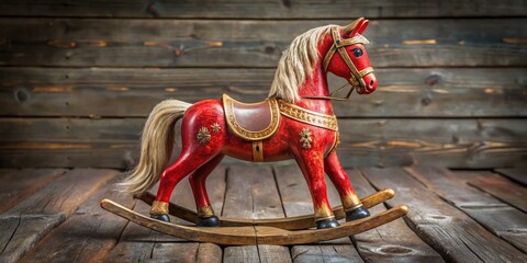 A vintage, red-painted wooden toy horse with a golden mane and tail, adorned with a silver saddle and