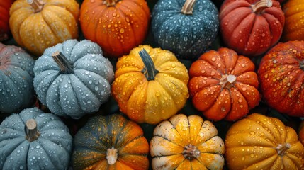 Thanksgiving and Harvest Festival. variety of pumpkins, their vibrant colors and textures ranging from smooth orange to warty green, representing the diversity of nature's gifts.