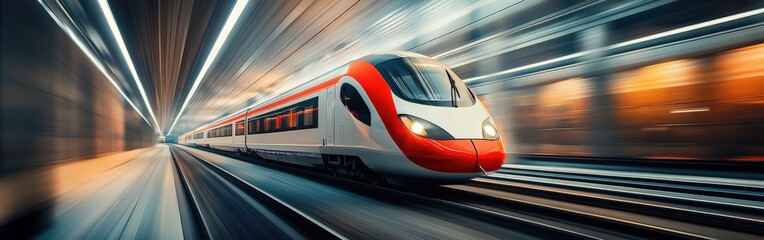 Fototapeta premium High-speed electric train moving through urban landscape