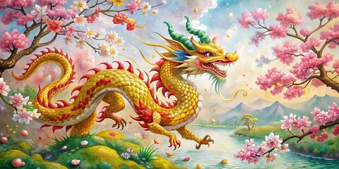 Obraz premium Vibrant watercolor dragon dances amidst lush pink sakura cherry blossoms, surrounded by golden accents and subtle traditional Chinese patterns, celebrating good fortune and prosperity.