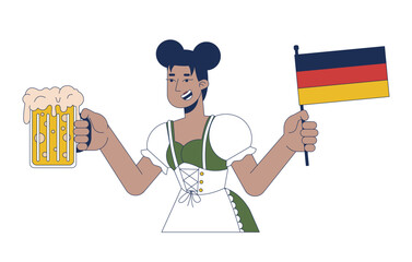 African american waitress holding beer and flag of germany 2D cartoon character. Black female in dirndl at oktoberfest isolated person flat vector on white background. Spot illustration colorful