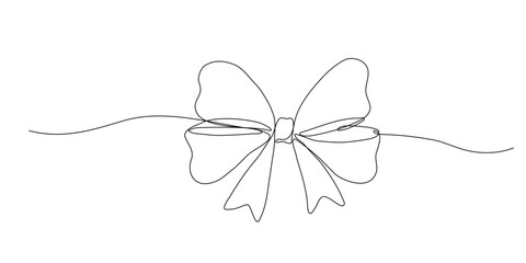 Gift bow one continuous line art. Drawing sketch. Ribbon vector icon