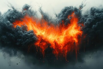 dramatic explosion vibrant orange and red flames billowing black smoke white background highenergy impact