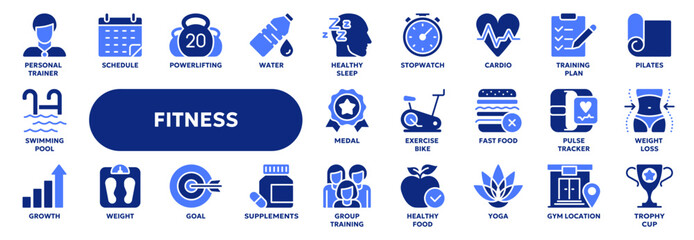 Set of vector solid icons related to fitness and sport, healthy nutrition, gym exercises . Symbols for website or app ui, logo design, illustration