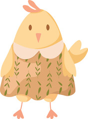 Cute chicken in a dress with a pattern of twigs. Vector illustration on white isolated background