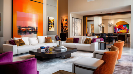 Abstract contemporary living room with bold geometric furniture, oversized abstract art on the walls, and dramatic lighting. Sleek, artistic space in neutral tones with pops of vibrant color