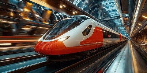 Fototapeta premium High-speed electric train moving through urban landscape