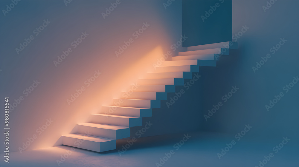 Wall mural a minimalist staircase rises into a softly illuminated space, creating a serene atmosphere with gent