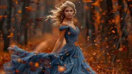 Fototapeta premium Autumn or fall season. A beautiful woman in a blue dress standing , leaves falling around her. She has long blonde hair and is wearing an elegant gown that flows elegantly on its own.
