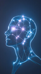 Obraz premium A minimalistic human head outline glows with blue light, showcasing connections and neural pathways, emphasizing a futuristic concept of artificial intelligence