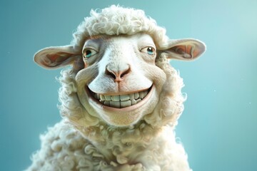 Humorous Cartoon Sheep with Big Eyes and Wide Smile in Close-Up
