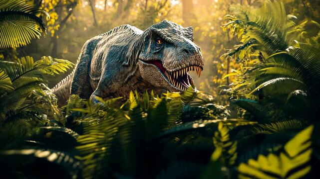 Fearsome Tyrannosaurus Rex prowling through lush prehistoric jungle at golden hour, hyper-realistic 3D rendering of dinosaur hunt scene with dramatic lighting and atmospheric fog
