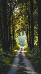 Fototapeta premium A path through a quiet forest symbolizes tranquility and nature with sun-dappled light filtering through lush green trees