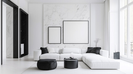 An all-white monochrome living room with minimalist furniture, marble surfaces, and black art frames. The space feels sleek and sophisticated, with clean lines and high-fashion appeal